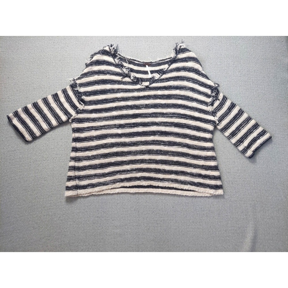 Free People Sweater Womens XS Black White Striped Knit Frayed Neck Boho OB508821